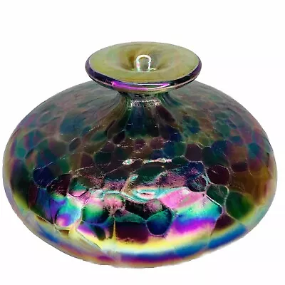 Buy Loetz-Style Squat Vase Multicolored Iridescent Textured Blown Art Glass Signed • 95.08£