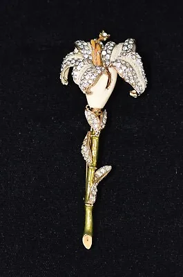 Buy ST. JOHN Crystal & Enamel Ivory Long Stem Flower Pin Brooch • 194.62£