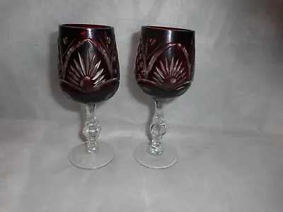 Buy A Pair Of Red Cut Glass Bohemian Glass Wine Glasses • 24£
