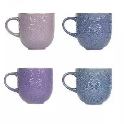 Buy Set Of 4 Embossed Coffee Mugs Tea Cups 4 Colours Decor Stoneware Home Office • 14.99£