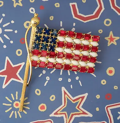 Buy Vintage Red Blue Crystal White Milk Glass American Flag Gold Tone Pin Brooch • 47.37£