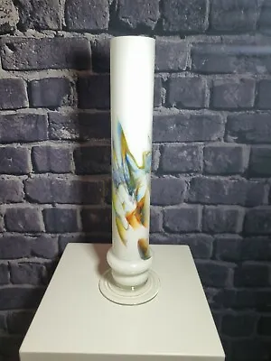 Buy Retro 1970's Chinese Dalian Glass 'Snowflake' White & Coloured Tall Vase • 22£