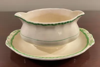 Buy Vintage Grindley England Cream Petal Green Pattern Gravy Boat Attached To Plate • 26.50£
