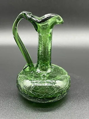 Buy Vintage Crackle Glass Green Bud Vase Pitcher Hand Blown Small With Handle 5 Inch • 14.22£