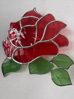 Buy Red Rose Stained Glass Suncatcher Flower Slag Window Panel Leaded 7x7” Vintage • 38.38£