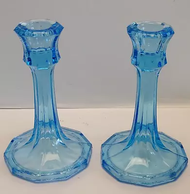 Buy Art Deco Vintage Blue Glass Decagon 10 Sided Candlestick Holders 5 1/2  Tall • 18.99£