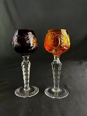 Buy Antique Bohemian Dessert Wine Glasses Ruby & Yellow Cut Glass 4”H • 47.25£