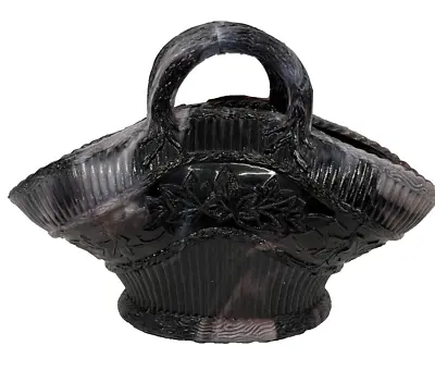 Buy Antique Victorian Amethyst Marbled Malachite  Slag Pressed Glass Basket Trinket • 30£