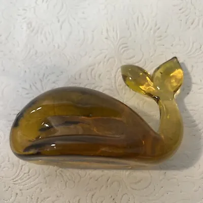 Buy Vintage Viking Art Glass 4  Whale Figurine Yellow Amber Paperweight • 24.01£