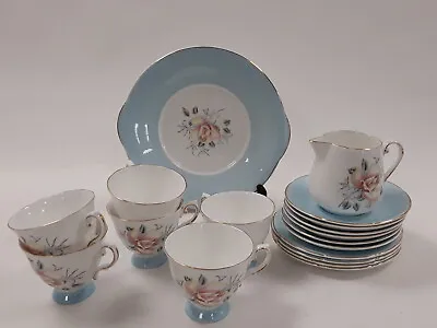 Buy Royal Grafton  Fine China Tea Set 18 Pieces Baby Blue Floral & Gold Trim Vintage • 9.99£
