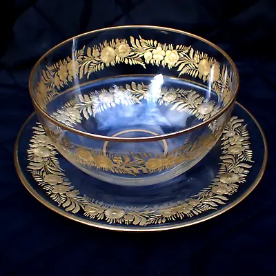 Buy Antique French Bohemian Gilt Itaglio Cut Finger Bowl & Stand • 74.95£