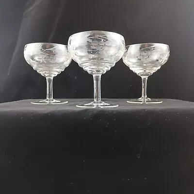 Buy 3 Art Deco Cut & Vine Etched  Stepped Champagne Glasses FREE P&P  • 34.60£