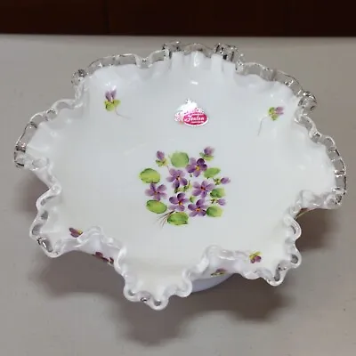 Buy Vintage Fenton Violets In The Snow Milk Glass Ruffled Candy Bowl 8.5  Pedestal • 27.82£