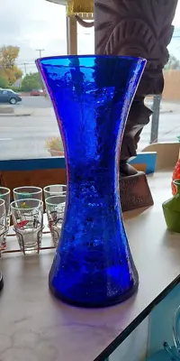 Buy Huge Vintage Blenko Cobalt Blue Crackle Glass Vase Tall 16  With Label • 47.24£