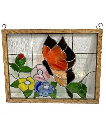 Buy VTG Leaded Stained Glass Butterfly On Flowers Framed Hanging Window Panel • 157.38£