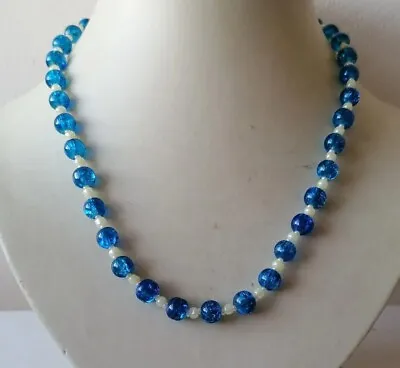 Buy Glass Bead Necklace Crackle BLUE Glass Beaded Collar • 8.90£