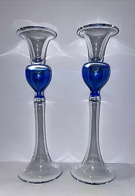 Buy Vintage! Set Of 2! Krosno Cobalt Blue Hand Blown Art Glass Candle Holders • 56.91£
