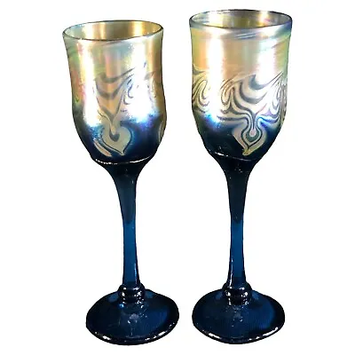 Buy Pulled Feather Art Glass Wine Glasses 2 Art Nouveau Style Stemware • 110.94£