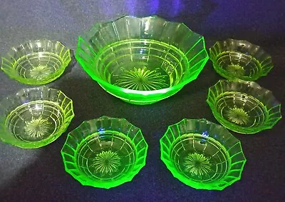 Buy Vintage Green Uranium (Vaseline) Glass 6 X Fruit Bowls & Serving Bowl. 1930s? • 39.99£