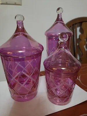 Buy Pink/Purple Iridescent Art Glass Apothecary Lidded Jars Vanity Decor  Set Of 3  • 85.39£