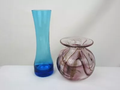 Buy Vintage Art Glass Vase Bundle X2 Blue Stem Posy Vase & Pink Swirl • 4.99£