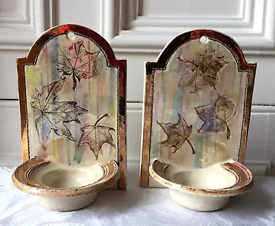 Buy Scottish Pottery Signed Pair Of Wall Hanging Tealight Holders Luster Leaf Design • 29.99£