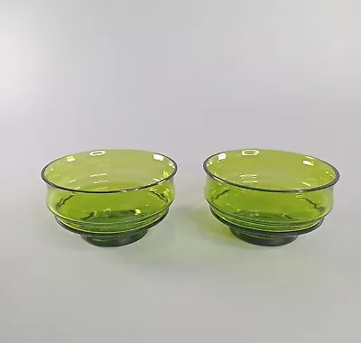 Buy Two Small Green Ribbed Glass Footed Desert Bowls 11 Cm Wide Mid Century Modern • 9.99£