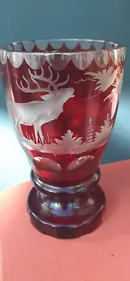 Buy  Antique Bohemian Ruby Red Cut Glass Goblet Stag Forest Scene  • 50£
