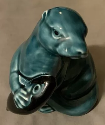 Buy Vintage Poole Pottery ‘Otter With Fish’ Blue & Black Glazed Super Condition • 8£