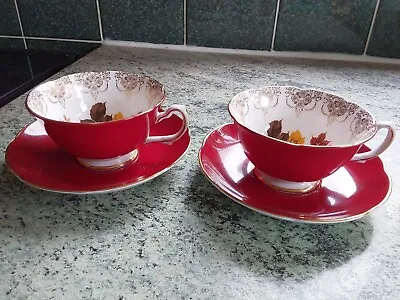 Buy 2 Vintage Royal Grafton Dark Red And Floral Cups And Saucers • 22.99£