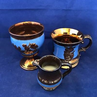 Buy 3 Pieces Vintage Copper Lustre Ware Jugs Mug  Blue Collectable Decorative • 8£