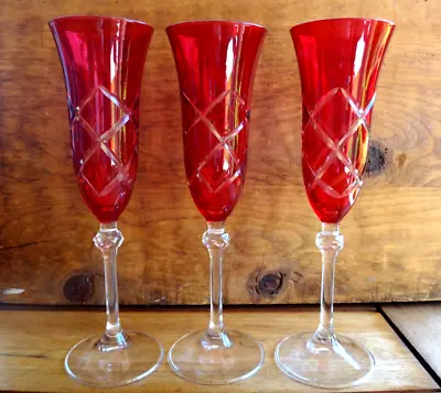 Buy 3~Czech Bohemian Ruby & Cut Crystal 9 1/8  Tall Champagne Glass Stemware/Barware • 43.46£