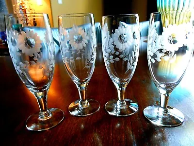 Buy FOUR Champagne Glasses Daisy & Leaf   1930s  Cut Glass • 19.92£
