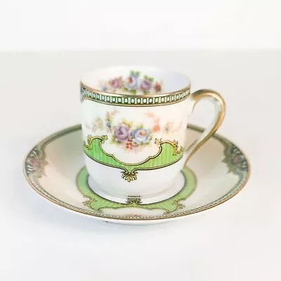 Buy Antique Noritake Floreal Hand-Painted Porcelain Demitasse Green Cup And Saucer • 24.12£