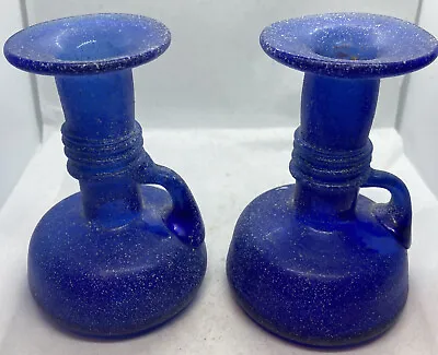 Buy Vintage Art Glass Sandblast Texture Cobalt Blue Candlestick With Handle X2 • 20£