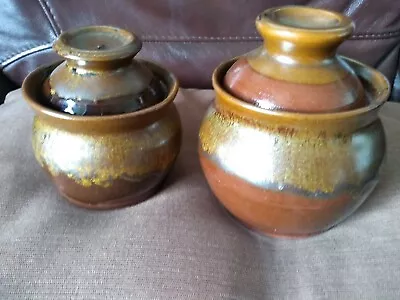 Buy Cornish Pottery  Roseney Mill.2 Lidded Pots Brown, Copper Coloured Drip Glaze. • 12£