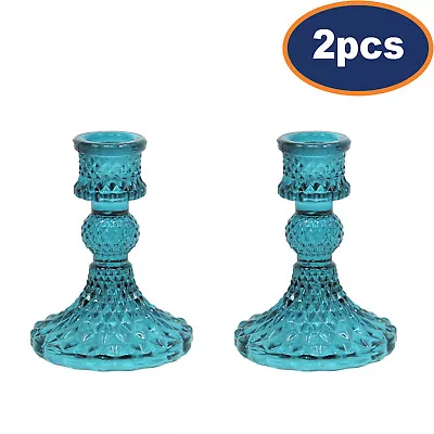 Buy 2Pcs Teal Dinner Candle Holder Glass Vintage Taper Table Tabletop Party Décor • 9.95£