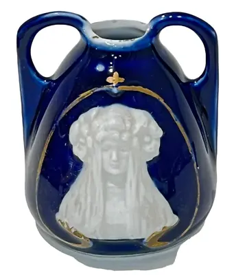 Buy Antique Art Nouveau Pate Sur Pate Mucha Lady Miniature Cobalt Blue Cabinet Vase • 33.52£