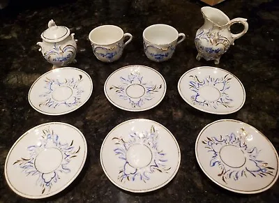 Buy ANTIQUE Child Doll Tea Set Flow Blue Porcelain 10 Piece Set Blue Rose Gold Trim  • 119.88£
