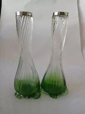 Buy C1910 Pair Of Spiral Green & Clear Glass Silver Topped Bud Vases • 30£