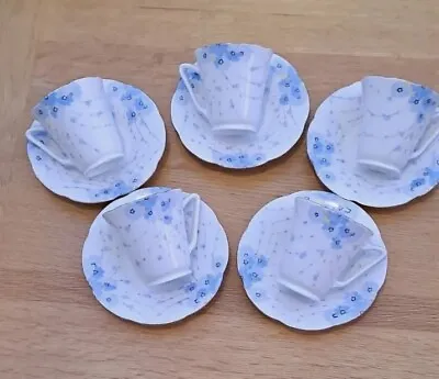 Buy Grafton Demitasse Cup's And Saucers 5 White Blue Floral 6122 Art Deco Sighned  • 28£