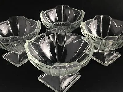Buy  4 Vintage Art Deco Sowerby Chevron Pressed Glass Sundae Ice Cream Bowls 2631   • 18£