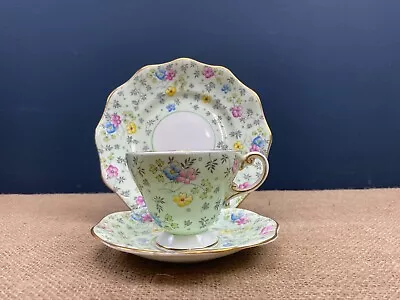 Buy Vintage Art Deco Green Floral Chintz Foley English China Cup & Saucer Trio-2 • 15£