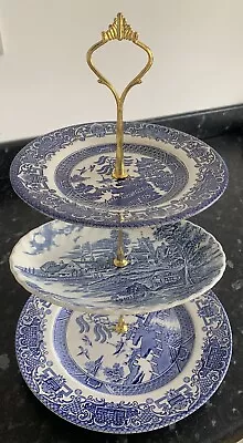 Buy Rare Vintage Mismatched Blue & White Willow 3 Tier Graduated Cake Stand • 2.99£