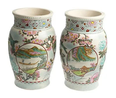 Buy Large Pair Antique Japanese Satsuma Pottery Moriage Vases Meiji, Prunus & Bird • 195£