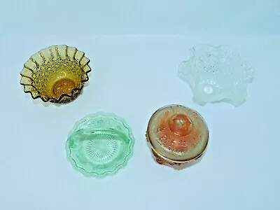Buy 4 Vintage Amber Green Jeannette Depression Pressed Glassware Candy Dish Basket. • 127.53£