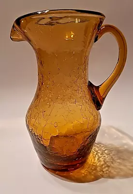 Buy Hand Blown Amber Honey Colored Crackle Glass Pitcher With Handle 8  Vintage • 19.84£