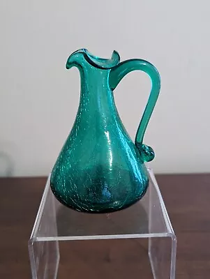 Buy Vintage Hand-Blown Crackle Glass Small Green Pitcher/Bud Vase 4.5'' Applied Hand • 14.48£