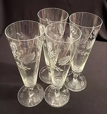 Buy 1950's Footed Pilsner Glasses Champagne Elegant Etched Sun Flowers/Leaves Set 4 • 67.54£