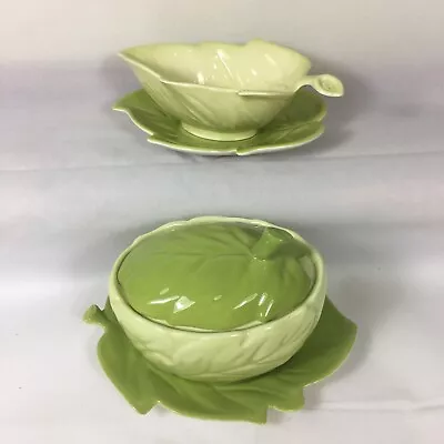 Buy Carlton Ware 2 X  Embossed Leaf Two-Tone Green Preserve Pot And Sauce Boat • 19.99£